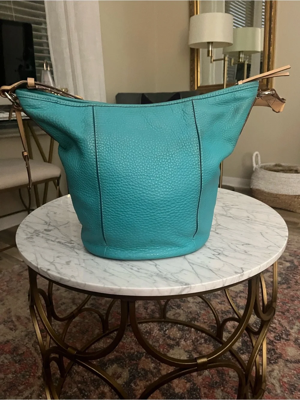Cole Haan Teal Leather Shoulder Bag with Tan Strap